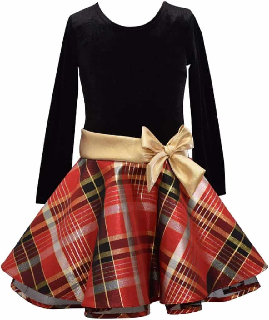 drop waist black velvet top and plaid bottom christmas dress