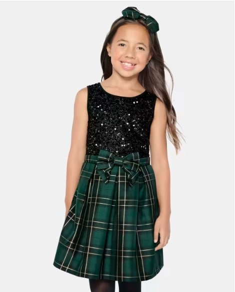 green plaid dress with black sequin top