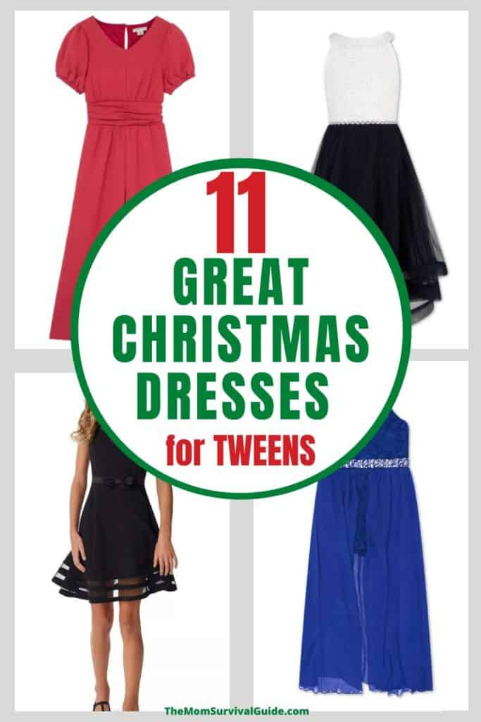 4 christmas dresses for tweens, one black, one blue, one red, and one black and white