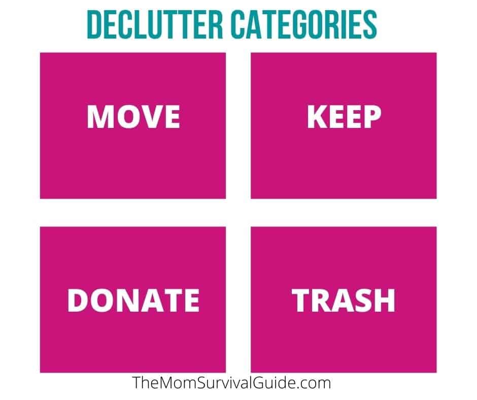 pink rectangles with words move, keep, donate, trash declutter categories for piles