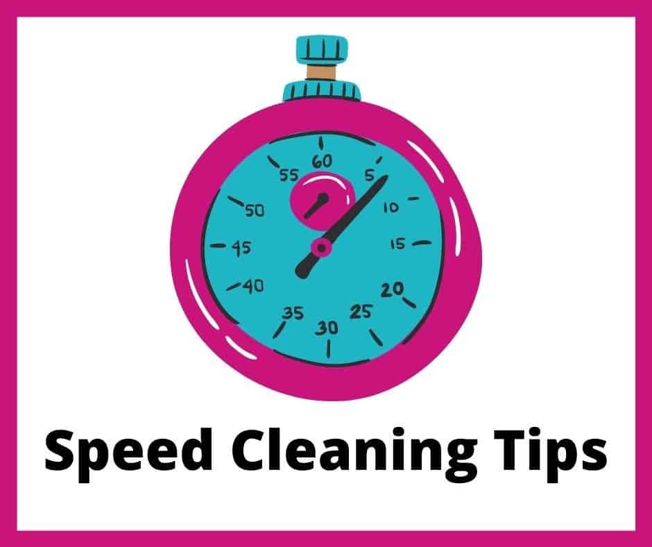 pink and teal stop watch with words speed cleaning tips