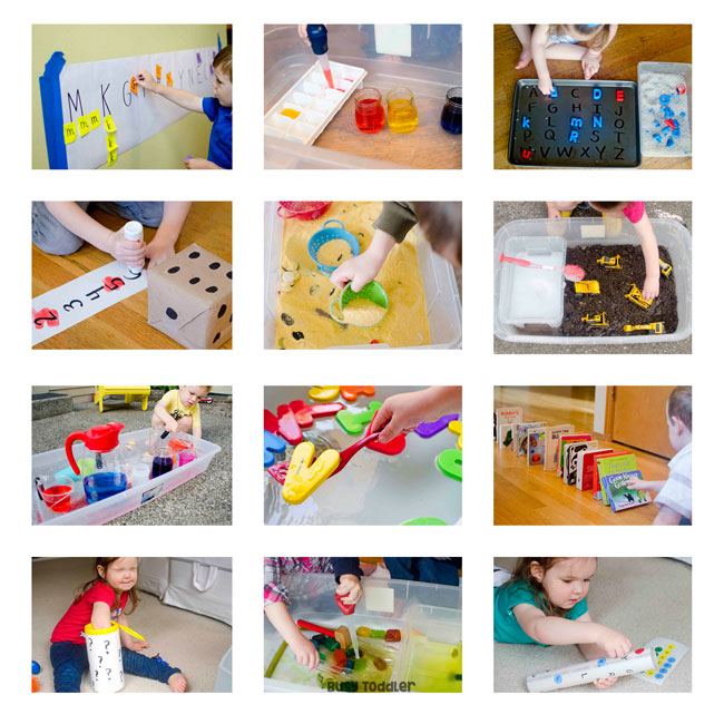 12 small squares showing preschoolers doing preschool activites at home