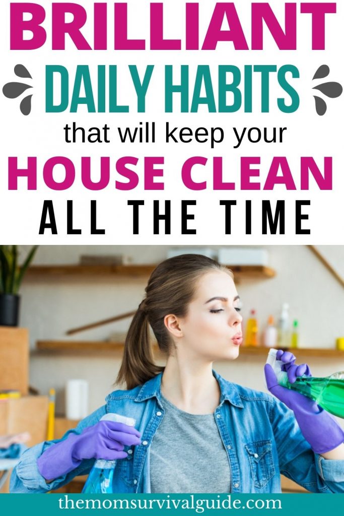 woman cleaning house with spray bottles and creating daily habits pin