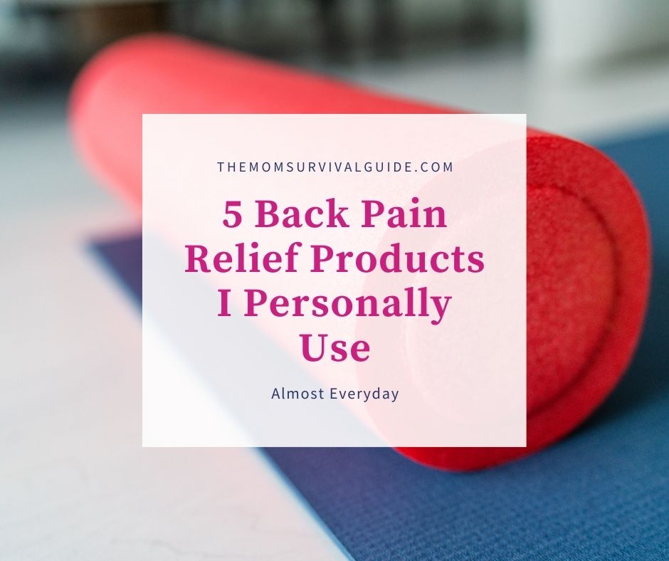 feature image for back pain relief post, picture of a red foam roller on a blue yoga mat