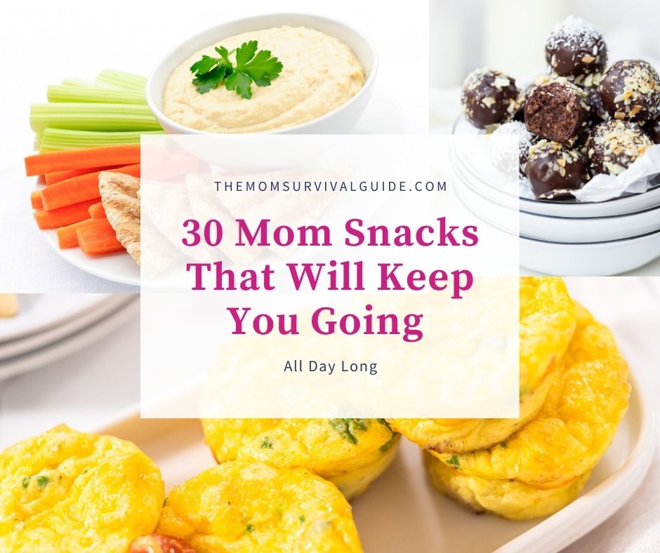 egg cup, vegetables and hummus, and protein ball mom snacks feature image