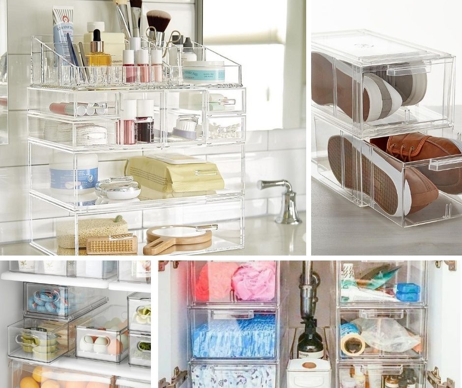 image collage of acrylic drawers being used for makeup, shoes, refrigerator, and under sink