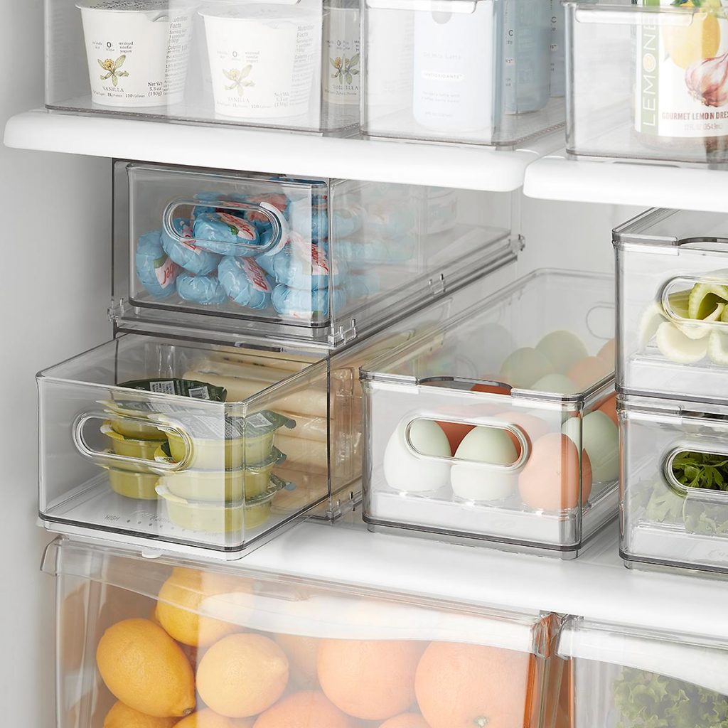 acrylic drawers filled with food on shelves