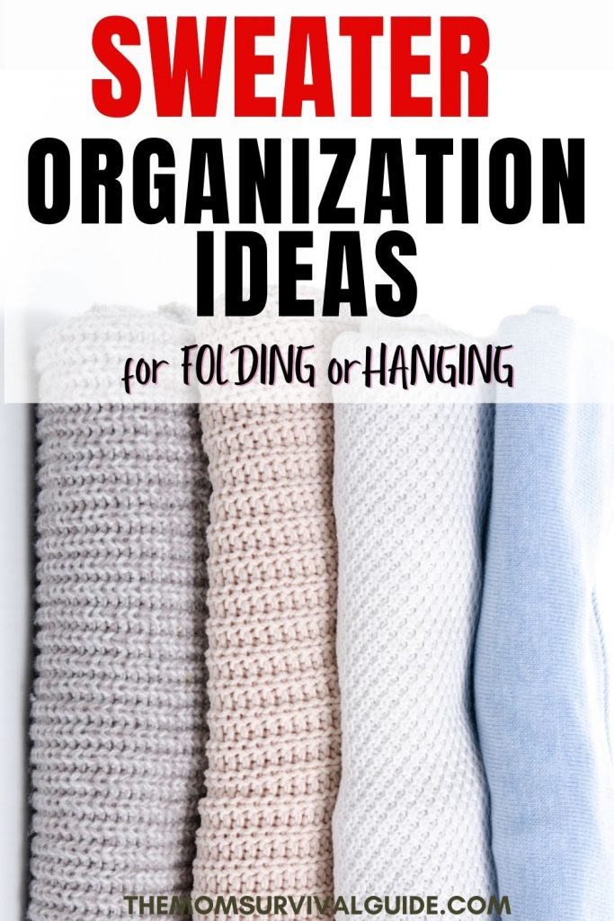 sweater organization ideas pin with sweaters stacked sideways in neutral colors