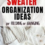 sweater organization ideas pin with sweaters laying on a floor in neutral colors