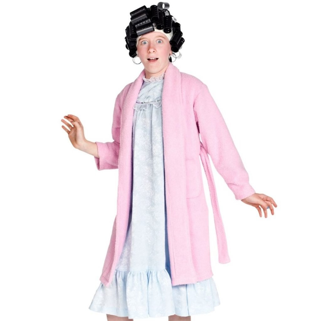 ugly outfit on a lady with curlers and a robe