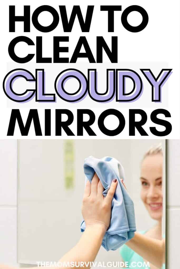 HOW TO CLEAN A CLOUDY MIRROR PIN WITH WOMAN CLEANING A MIRROR WITH A BLUE RAG