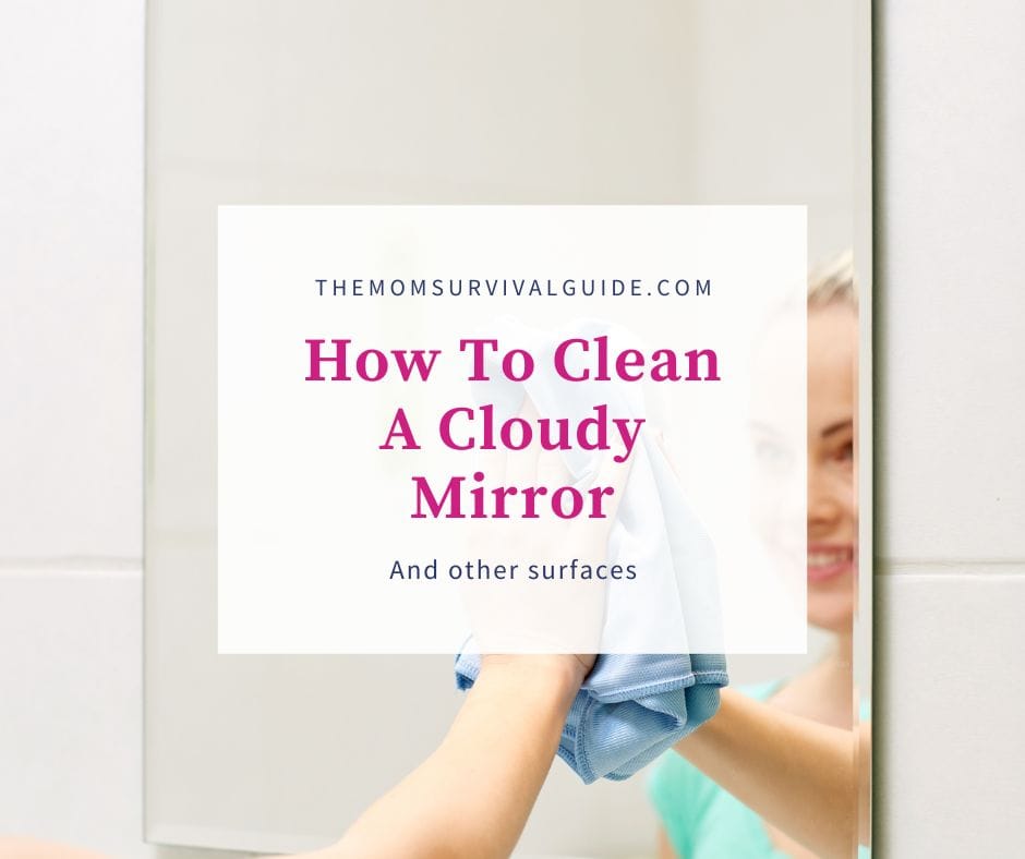 how to clean a cloudy mirror writing feature image of woman cleaning a mirror