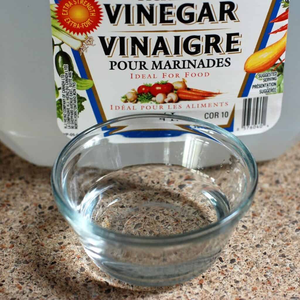 white vinegar bottle and vinegar in a glass bowl