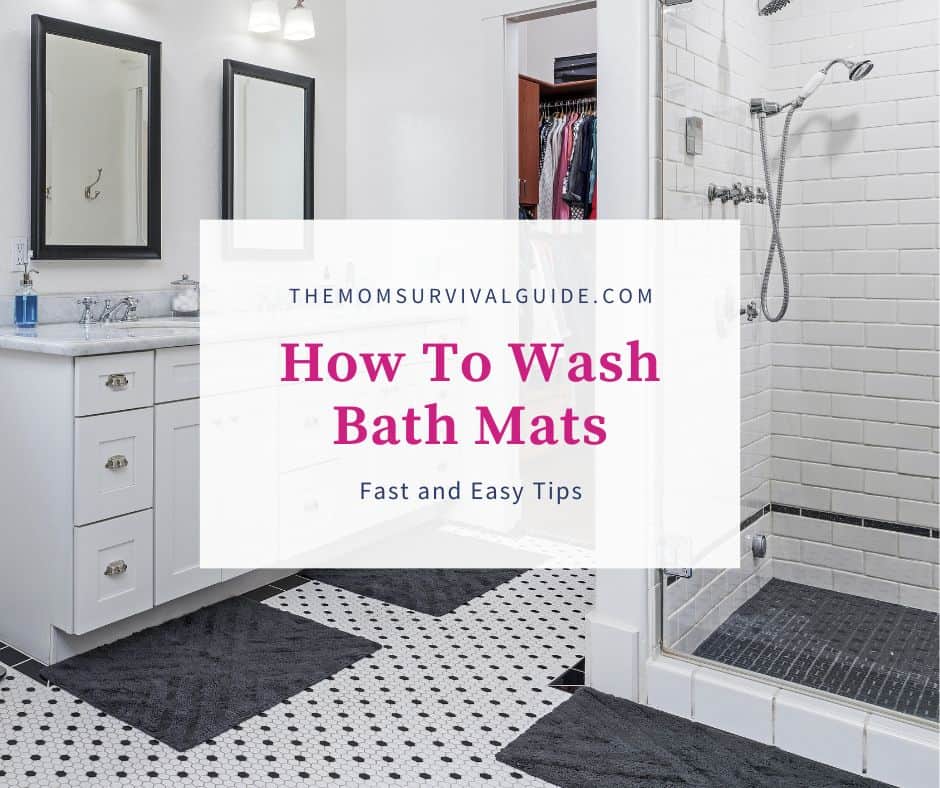 how to wash bath mats feature image of black and white bathroom with black bath mats