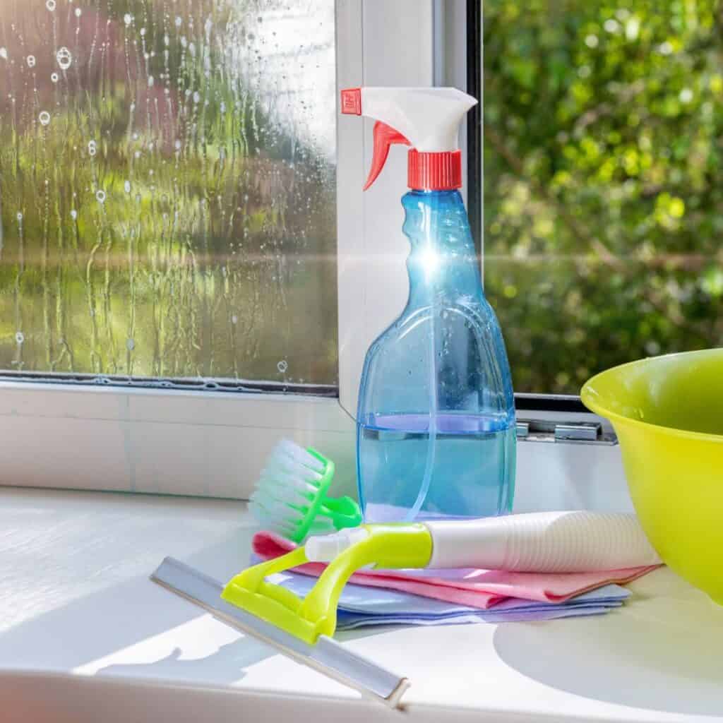 blue spray bottle with white and red lid near a scrub brush squeegee and bowl